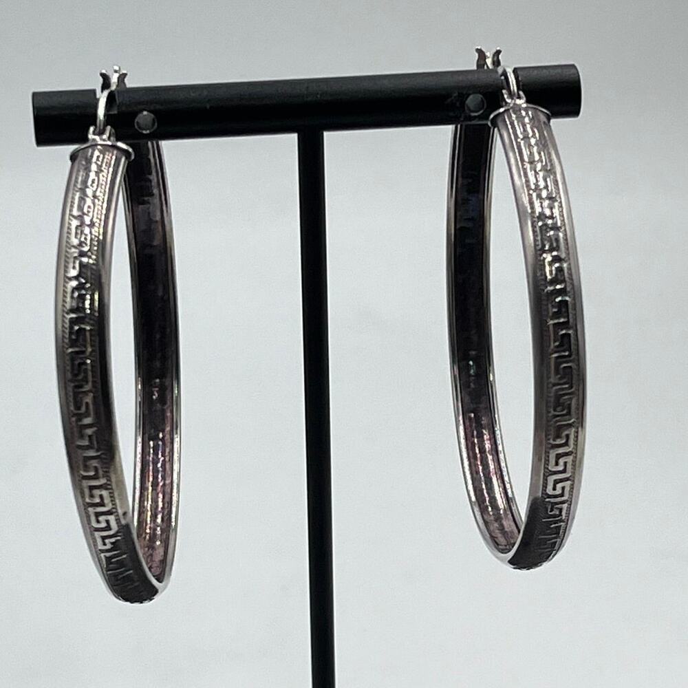 Sterling Silver 925 Stamped‎ Large Greek Pattern 2.25” Hoop Pierced Earrings